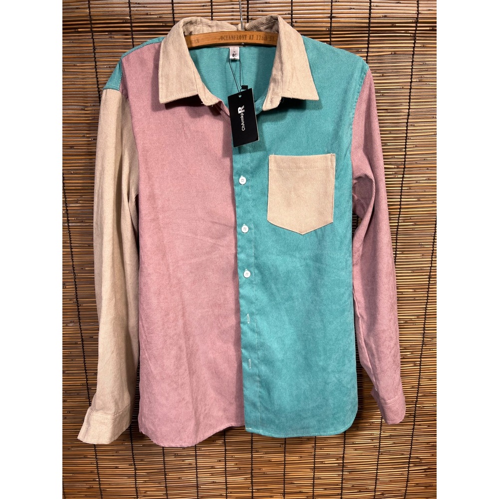 ChArmkpR Small Colorblock Corduroy Button Down Shirt Pink Teal Tan Polyester